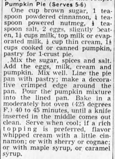 an old newspaper article about pumpkin pie