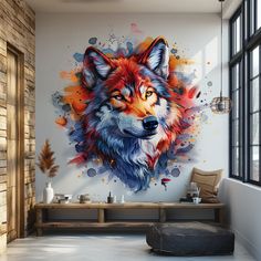 a room with a large painting of a wolf on the wall