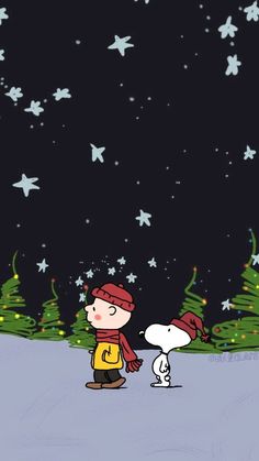 a charlie brown christmas card with snoop and his dog in the snow at night time