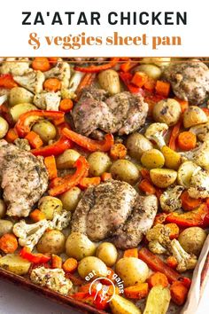 a sheet pan filled with meat and veggies next to the words zaatar chicken & veggies sheet pan