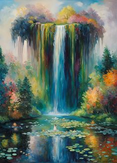 a painting of a waterfall with lily pads in the foreground