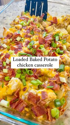 loaded baked potato and chicken casserole in a glass dish with a spatula