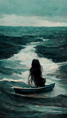 a painting of a woman sitting in a boat on the ocean with her hair blowing back