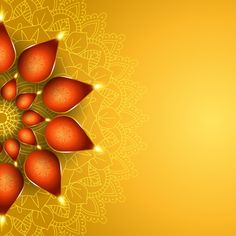 a yellow and red background with an intricate design on the bottom right corner, surrounded by smaller orange balls