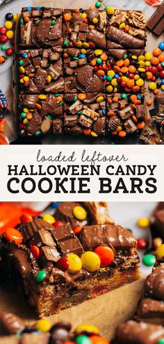 halloween candy cookie bars are stacked on top of each other with candies and chocolate