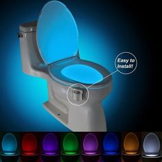 Features: It turns on automatically when you approach the toilet in dark, and turns off after you leave. Works only at night, easy to fit to any toilet. The LED light has 8 colors, the color will change automatically, you can also set one signal color by press the button, if you press the button again, the light color will continue to change. 8 kinds of color will change turn by turn, 60 seconds in a round, and then cycle. With photosensitive sensor and IR sensor, it lights when people come at n Toilet Bowl Light, Bathroom Night Light, Bowl Light, Sensor Night Lights, Smart Toilet, Toilet Bowl, Pc Cases, Night Lamps, Light Sensor