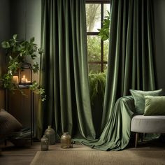 a living room with green drapes and pillows on the couch, next to a window