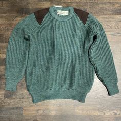 Brand New With Tags 100% Wool Made In Ireland Sweater. Heavy Weight With Brown Suede Elbow And Shoulder Patches. Ireland Sweater, Green Grandpa Sweater, Green Knitted Sweater Mens, Men’s Wool Sweater, Mens Green Sweater, Mens Green Wool Sweater, Purple Crewneck, Wool Sweater Men, Navy Blue Sweater