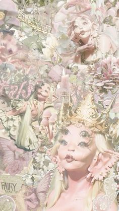 a collage of fairy images with pink and white flowers