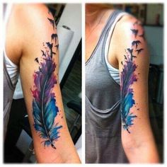 two pictures of the same arm with watercolor feathers on it and one has a blue feather