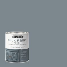 a gray paint can with the words, rustoleum milk paint finish on it