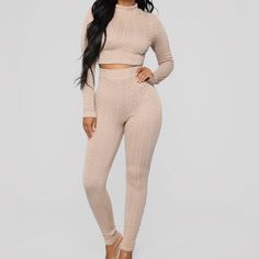 Cute 2-Piece Set Featuring A Taupe-Colored Cable Knit Long-Sleeve Mock-Neck Crop Top & Matching Stretchy High-Waisted Skinny Pants W/ An Elastic Waistband In Excellent Condition, New Without Tags Brand Is Fashion Nova Size M Materials For Both Top & Bottom Are 95% Polyester, 5% Spandex Reasonable Offers Welcome Approximate Flat Lay Measurements For Top: Shoulder 13.25” Length 15” Bust 15” Sleeve Length 25” Approximate Flat Lay Measurements For Bottom: Waist 13” Waist Stretched 18” Inseam 30.5” L Beige Two-piece Casual Bottoms, Rave Pants, Taupe Fashion, Fashion Nova Pants, Cropped Long Sleeve, Fashion Nova Jeans, Womens Loungewear, Pant Set, Black Jumpsuit