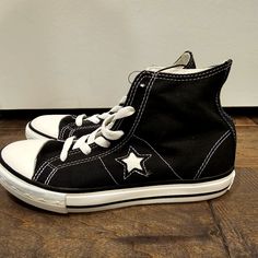 Nwot Black One Star Canvas High Top Sneakers With A White Star On Inside And Outside Of Each Shoe, White Stitching And White Laces. Converse One Star Tag On Shoe Tongue And One Star Logo On Shoe Back. White Rubber Outsole. Black High-top Canvas Shoes For School, Converse Round Toe Canvas Shoes For School, Converse High-top Sneakers For School, Converse Lace-up Sneakers For School, Canvas High Top Sneakers, New Converse, Converse One Star, Kids Converse, Star Logo