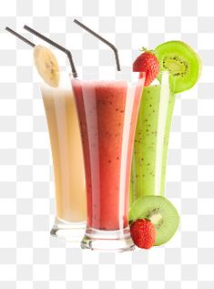 three smoothies with strawberries and kiwis in them, on a white background