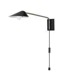 a black and white wall light with a metal pole on the left side, and a glass shade on the right