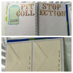 an open notebook with the words pitt collection on it and another photo of a piece of paper that has been cut in half