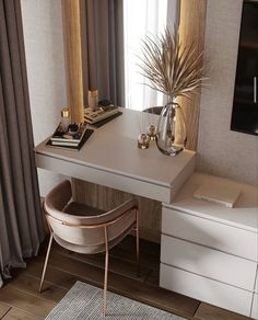 a white desk with a chair and a television on it in front of a window