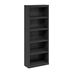 a black bookcase with three shelves on each side