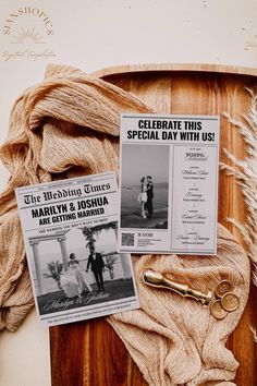 an assortment of items displayed on wooden table with newspaper, scissors and yarn in background