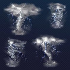 set of realistic clouds with lightning effect on dark background