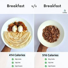 two plates with different foods on them, one has eggs and the other has pancakes