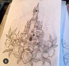 a drawing of a castle with flowers and leaves on it's side, in black and white