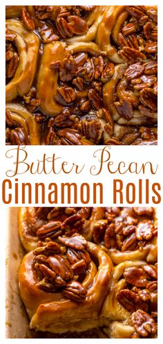 butter pecan cinnamon rolls on a baking sheet with text overlay that reads butter pecan cinnamon rolls