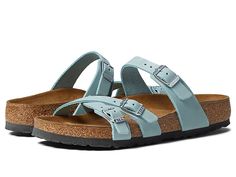 Birkenstock Franca Soft Footbed - Women's Shoes : Faded Aqua Nubuck : Slip into all-day comfort and style in the Birkenstock Franca Soft Footbed. The soft footbed features a foam layer inserted between the cork layer and suede liner. Microscopic air bubbles cushion your feet while providing moderate arch support. Slip on style. Round, open toe silhouette. Three straps, each with an individually adjustable metal pin buckle. Anatomically correct footbed is crafted from 100% renewable and sustainab Birkenstock Franca, Birkenstock Women, Birkenstock Mayari, Nubuck Leather, Branded Bags, Discount Shoes, Top Trends, Arch Support, Birkenstock