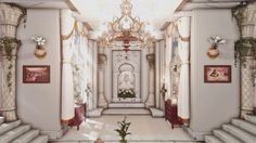 the hallway is decorated in white with gold trimmings and floral arrangements on the walls