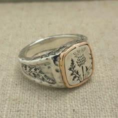 Bronze and Sterling Silver Celtic Scottish Thistle Signet - Etsy Scottish Jewellery Vintage, Scottish Thistle Ring, Signet Rings Men, Designer Engraved Rectangular Jewelry, Designer White Rings For Gifts, Designer Engraved Ring As A Gift, Designer Engraved Rings For Gifts, Designer Engraved Ring For Gifting, Designer Engraved Ring For Gift