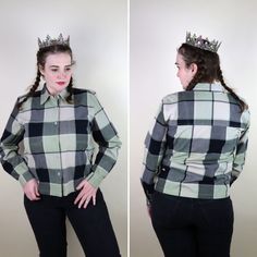 "A sturdy Casual Plaid From the late 90's to early Y2K. With buttons at the side hem to adjust the fit, and the sturdy medium weight fabric that feels like cotton, the shirt leans more to the Shaket side of being a top. Nice and sturdy for being out in the yard or hiking. The Print features a large block checkered plaid, in light green, khaki and black, the bust features two chest pockets as well. I am A little long in the torso, but even so, the short is a slightly cropped length, reaching to t Black Plaid Shirt, Weather Wear, Shirt Long Sleeve, Black Plaid, Plaid Shirt, Womens Clothing Tops, Fashion Blog, Blouses For Women, Long Sleeve Shirts