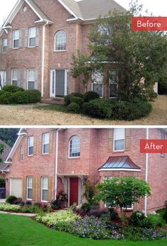 before and after pictures of a home's front yard with landscaping in the foreground