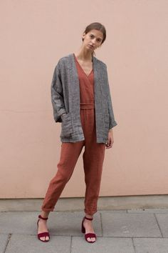 "This kimono style inspired women's blazer/cardigan is double washed to create a soft and comfortable feel and look. It can be worn with a skirt as a more business look or with jeans to create a casual look. You can wear it with a cotton tape belt for a more feminine look. As it is made from 100% linen, even allergic or people with sensitive skin can wear it. Also, it is great for warm summer evenings, as it is breathable material. ABOUT US LINEN ID was born from desire to embrace things that ac Casual Linen Spring Cardigan, Casual Linen Cardigan For Spring, Linen Cardigan For Layering In Fall, Fall Linen Cardigan For Layering, Summer Linen Long Sleeve Outerwear, Casual Linen Kimono For Loungewear, Linen Cardigan For Workwear In Fall, Fall Workwear Linen Cardigan, Relaxed Linen Long Sleeve Cardigan