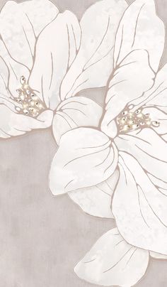 two white flowers on a gray background with pearls in the middle and one flower at the center