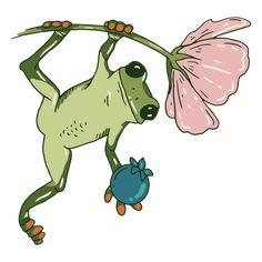 a cartoon frog holding on to a pink flower with one leg, and another foot in the air