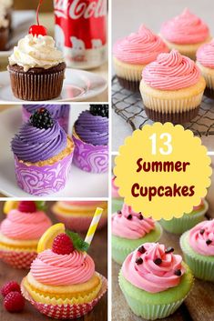 many different cupcakes with frosting and sprinkles are shown in this collage