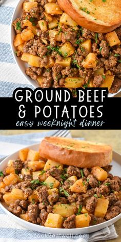 ground beef and potatoes in a white bowl with bread on the side