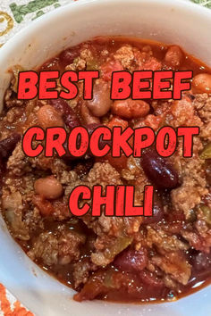 Best beef crockpot chili is hearty and flavorful Crockpot Chilli Beef Chili Recipes, Chilli Recipe Crockpot, Beef Chilli, Chili Easy, Beef Crockpot, Beans In Crockpot, Rice Side Dish Recipes, Chili Beans, Crockpot Ideas