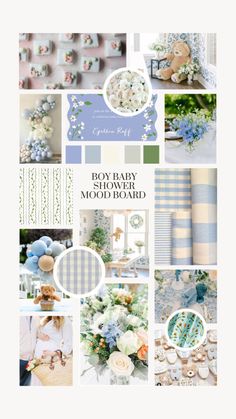 a collage of blue and white images with flowers, candles and other things in them