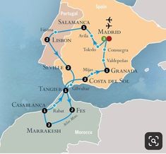 a map showing the route for spain and portugal with its major cities, towns, and rivers