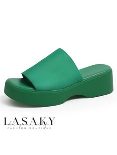 Lasaky - Stylish Womens Wedge Slide Sandals: Minimalist Design with Breathable Mesh Fabric Solid Color Open Toe Platform Slippers For Spring, Spring Open Toe Platform Slippers, Spring Season Open Toe Platform Slippers, Comfortable Flat Wedge Sandals, Solid Color Platform Slippers For Beach And Summer, Green Open Toe Platform Slippers With Synthetic Material, Green Open Toe Synthetic Platform Slippers, Green Platform Sandals With Eva Material, Green Casual Synthetic Platform Slippers