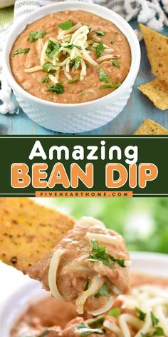 Your tailgating party ideas won't be complete without this amazing dip recipe! Creamy and cheesy, warm and gooey, this refried bean dip is sure to be a hit. Definitely one of the best game day appetizers! Top Dip Recipes, Easy Bean Dip, Refried Bean Dip, Bean Dip Recipe, Bean Dip Recipes, Bowl Party Food, Superbowl Appetizers, Low Carb Snack, Football Party Food