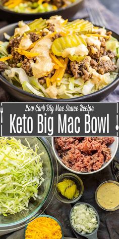 the keto big mac bowl is ready to be eaten and served with dressings