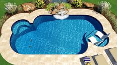 an aerial view of a swimming pool in the middle of a lawn with chairs around it