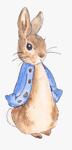 a watercolor painting of a brown rabbit wearing a blue jacket and sitting in front of a white background