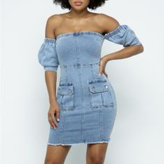 Demin Mini Dress With Off The Shoulder Puff Sleeve And Front Pockets And Back Zipper.Stretch Light Denim Great For The Summer. 68% Cotton 30% Polyester 2% Spandex . Stretch Denim Mini Dress, Casual Stretch Midi Dress Off-shoulder, Casual Stretch Off-shoulder Midi Dress, Stretch Dress With Pockets And Short Sleeves, Medium Wash Mini Dress, Stretch Mini Length Dress In Medium Wash, Stretch Mini Dress In Medium Wash, Fitted Denim Bodycon Dress In Blue, Fitted Denim Blue Bodycon Dress