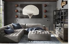 a living room filled with furniture and a basketball hoop hanging on the wall above it