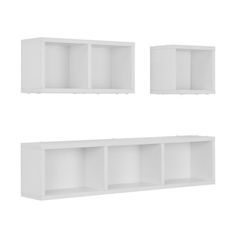 three white bookshelves with no doors on each side and one shelf below them