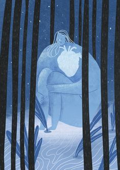 an illustration of a woman sitting on a bench in the woods at night with snow falling