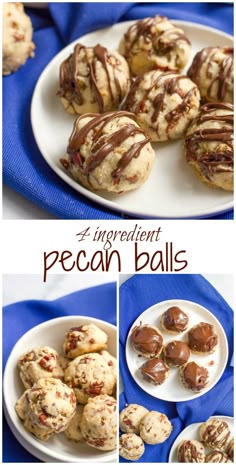 chocolate covered pecan balls on a white plate with blue cloth and text overlay